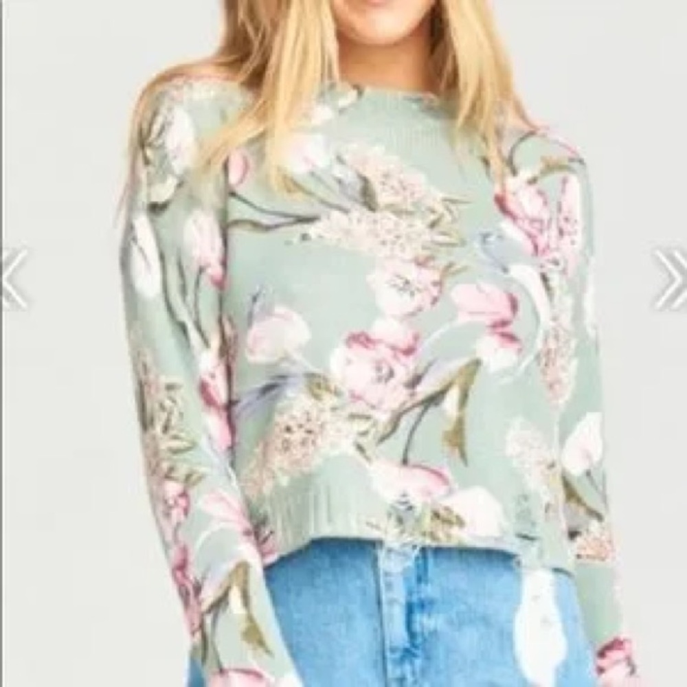 Show Me Your MuMu Varsity Cropped Floral Knit Sweater Large